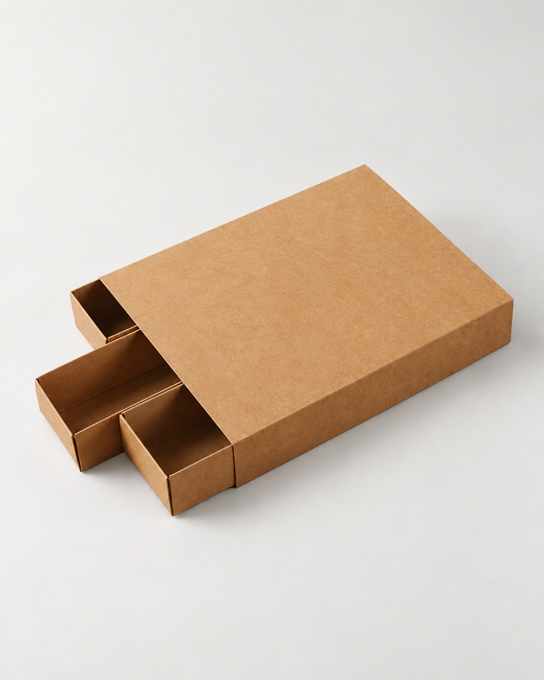 Caja deslizante de cartón kraft con compartimentos sobre un fondo limpio